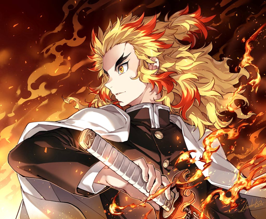 Kyojuro Rengoku Demon Slayer anime wallpaper vibrant Flame Hashira with fiery embers background