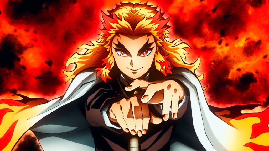 Kyojuro Rengoku Flame Hashira anime wallpaper vibrant fire Demon Slayer intense gaze background