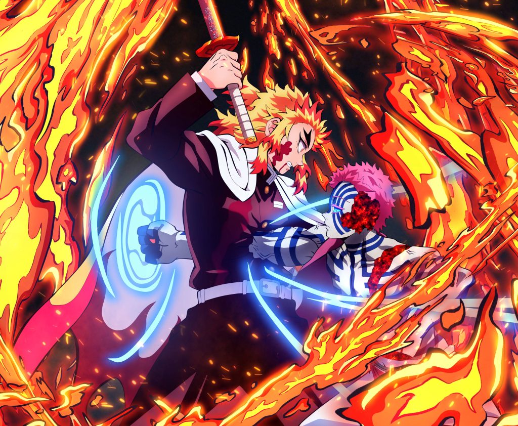 Kyojuro Rengoku battling demon Akaza vibrant flames and blue energy dynamic Demon Slayer wallpaper