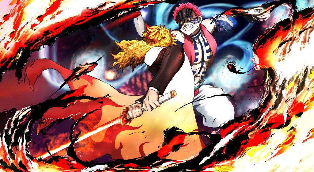 Kyojuro Rengoku battling demon Akaza vibrant Demon Slayer anime wallpaper background