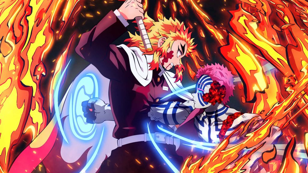 Kyojuro Rengoku fights demon Akaza amid flames and blue energy Demon Slayer wallpaper background