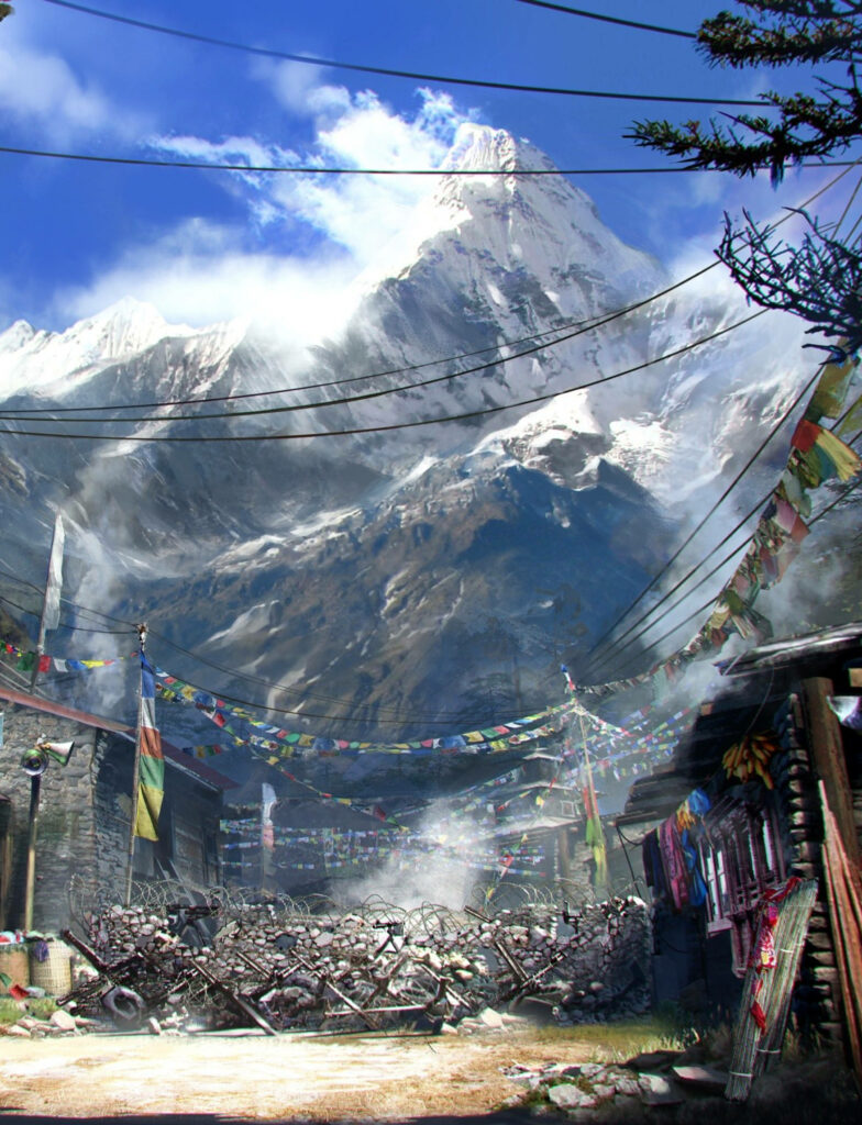 Explore the scenic village in Far Cry 4 with prayer flags and mountain peak in vibrant wallpaper landscape