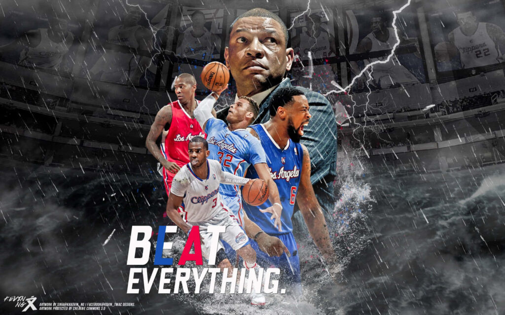 LA Clippers players and Coach Doc Rivers in dynamic action with stormy background and lightning effects Wallpaper