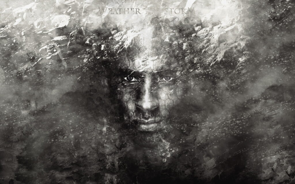Black and white digital art of Kobe Bryant blending with storm clouds intense double exposure wallpaper