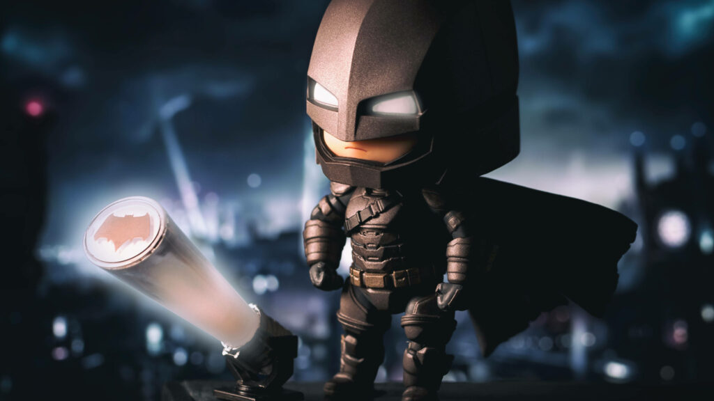 LEGO Batman heroically beside Bat-Signal at night cityscape 4K wallpaper background