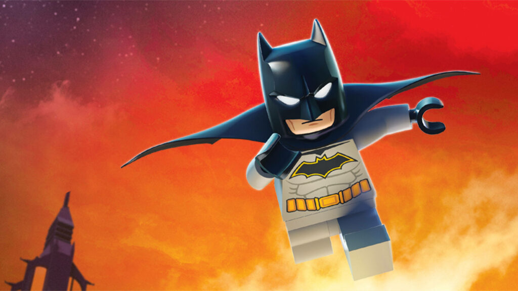 LEGO Batman running heroically against vibrant orange sky 4k wallpaper background energetic