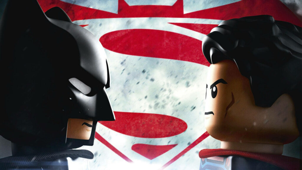LEGO Batman and Superman intense faceoff with Superman emblem 4K wallpaper background