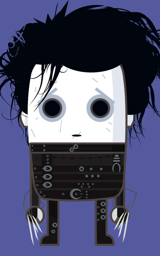 LEGO Edward Scissorhands with wild hair and scissor hands on solid purple wallpaper background
