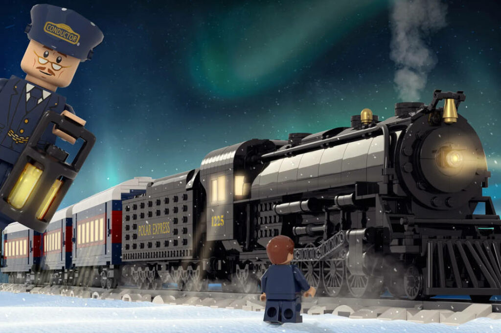 LEGO Polar Express Scene with Conductor under Aurora Borealis Wallpaper