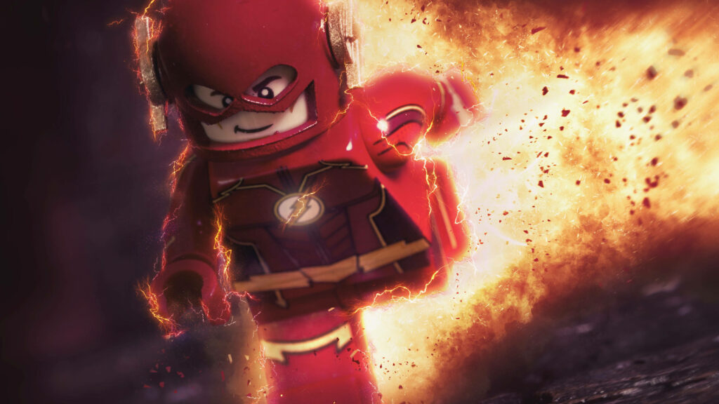 LEGO The Flash 4K wallpaper showing red suit speedster racing with vibrant lightning effects
