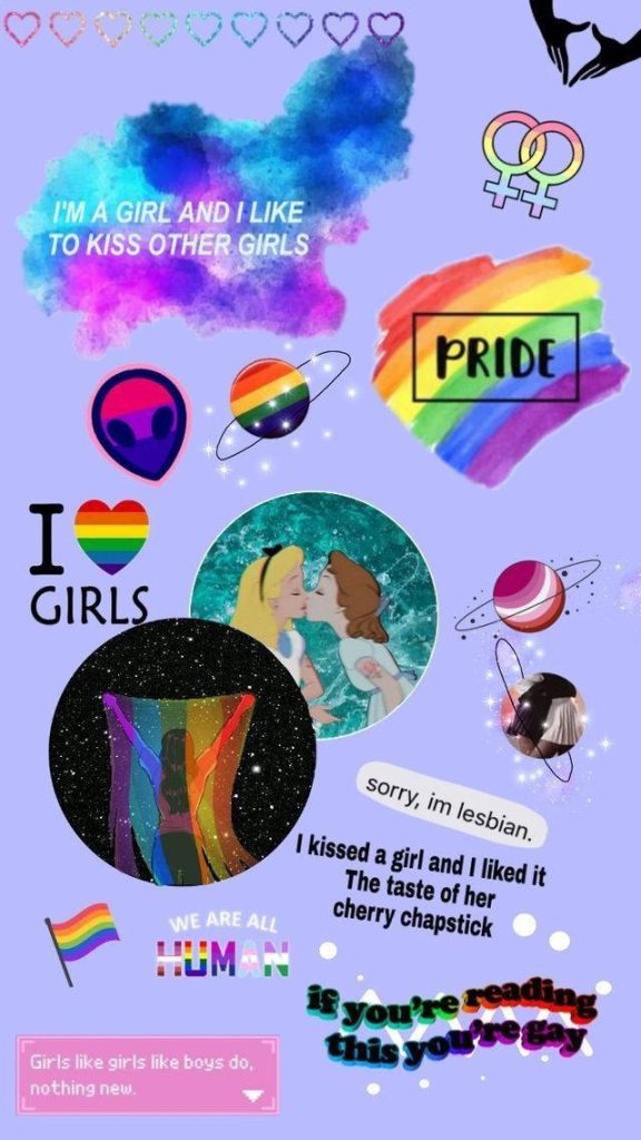 Vibrant LGBT wallpaper with rainbow pride symbols planets queer quotes and two women kissing