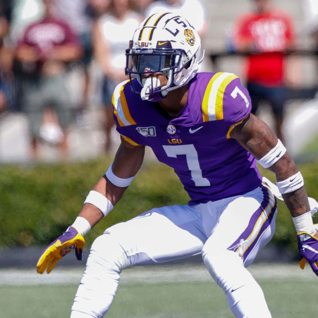 LSU football safety Grant Delpit in number 7 jersey focused defensive stance wallpaper