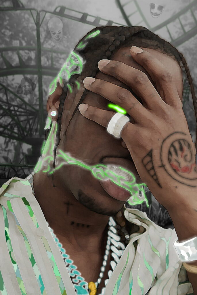 Hip-Hop's Astral Playground: Captivating HD Wallpaper of Travis Scott in Astroworld