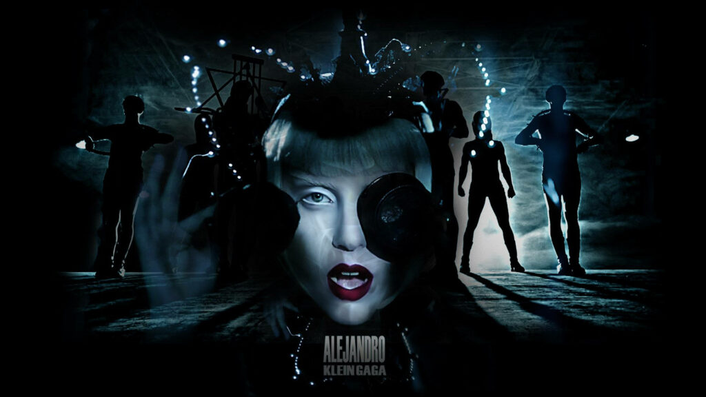 Lady Gaga Alejandro music video wallpaper bold makeup avant-garde style shadowy figures background