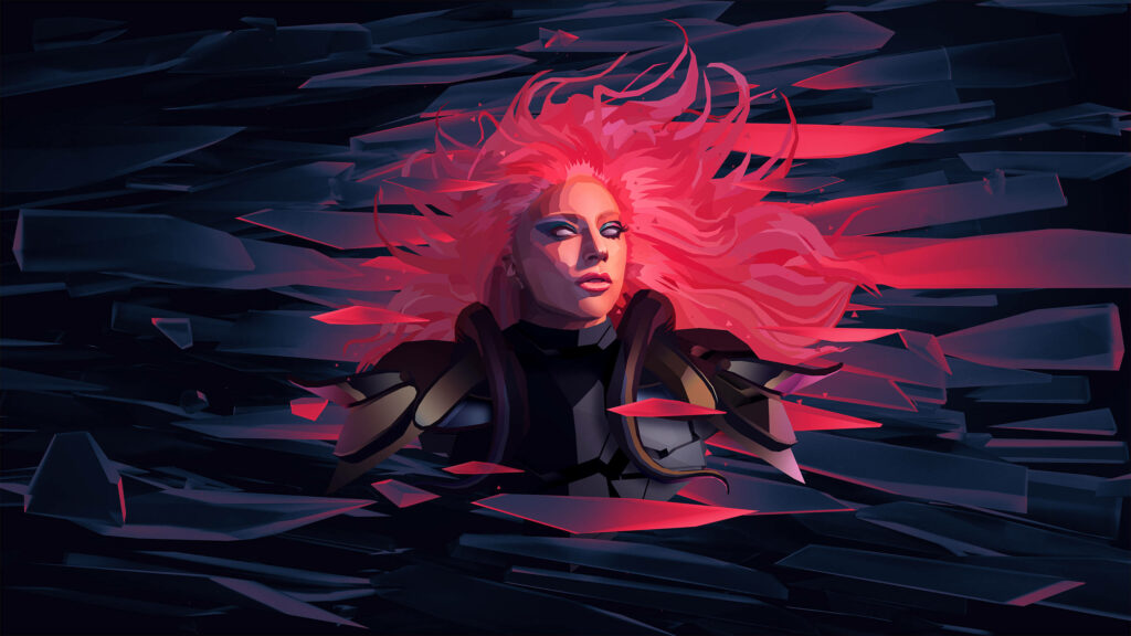 Digital painting of Lady Gaga with pink hair and abstract shards in a bold futuristic wallpaper