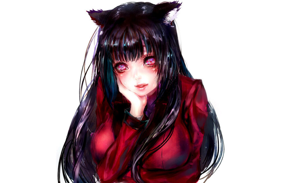Vibrant Yumeko Jabami Anime Wallpaper with Enigmatic Smile and Cat Ears Background