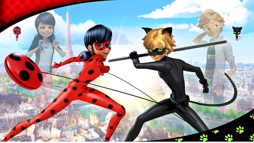 Ladybug and Cat Noir dynamic pose over Paris with Marinette and Adrien in colorful anime style Wallpaper