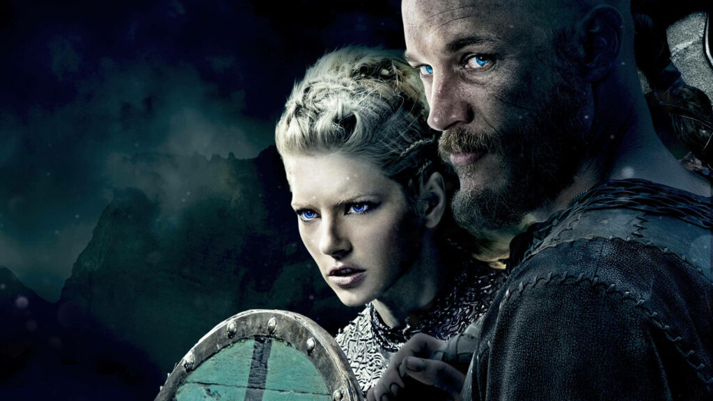 Relive the legendary tales of the Vikings with Lagertha and Ragnar in this stunning wallpaper