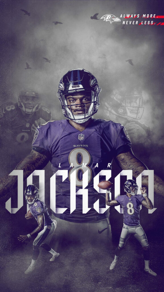 Baltimore Ravens quarterback Lamar Jackson in action showing intensity and team branding background Wallpaper