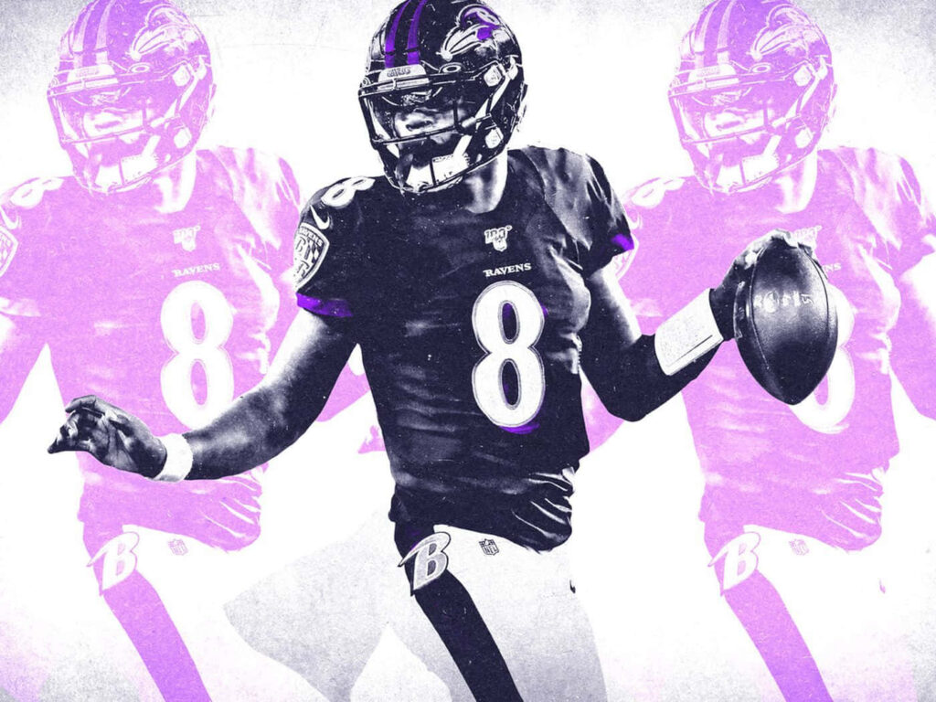 Lamar Jackson Baltimore Ravens wallpaper action shot with dynamic highlights showcasing explosive energy