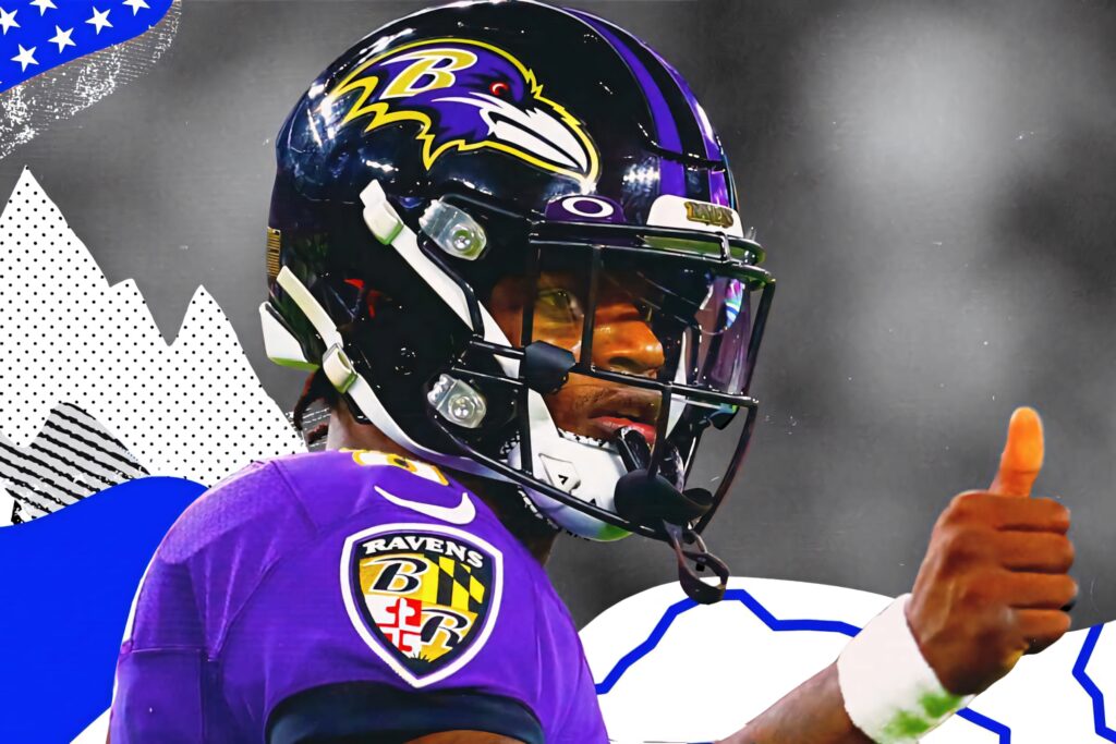 Lamar Jackson Baltimore Ravens quarterback in uniform giving thumbs up on bold dynamic background Wallpaper