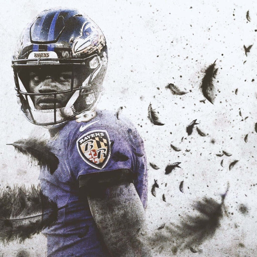 Lamar Jackson in Baltimore Ravens uniform with dynamic feather backdrop football wallpaper background