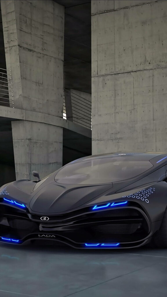 Lamborghini Aventador with blue LED lights in futuristic urban setting showcasing sleek design Wallpaper