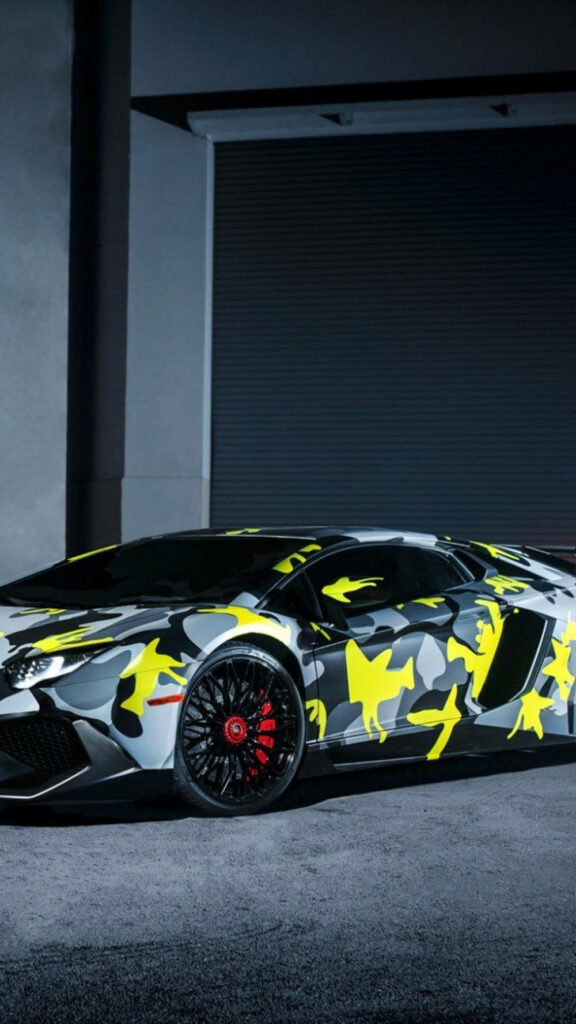 Lamborghini with bright yellow camouflage wrap modern dynamic iPhone wallpaper background