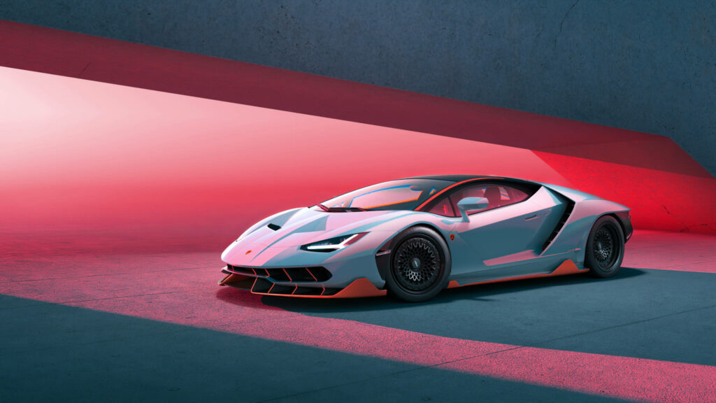 Lamborghini Centenario with futuristic design highlighted by red and blue lighting in modern setting Wallpaper