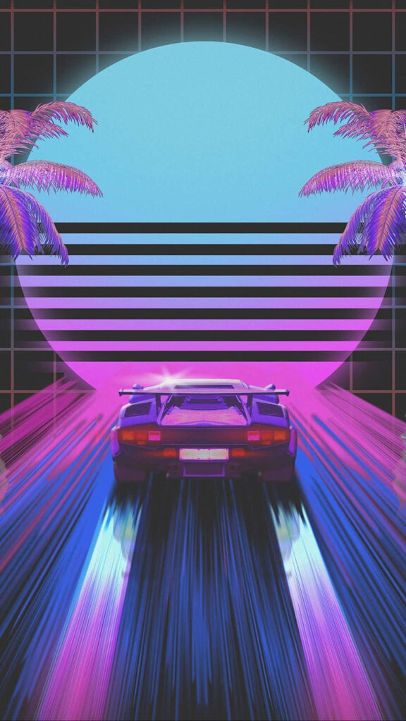 Lamborghini Countach racing toward neon sun with retro palm trees vibrant 80s iPhone wallpaper