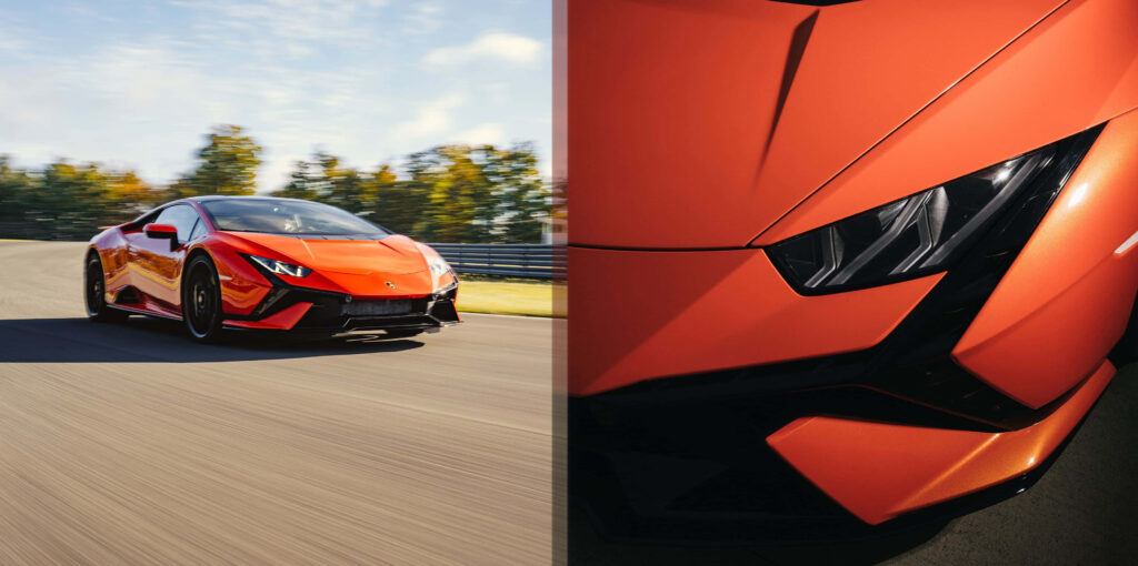 Lamborghini Huracan on racetrack dynamic front view and sharp angular headlight close-up wallpaper