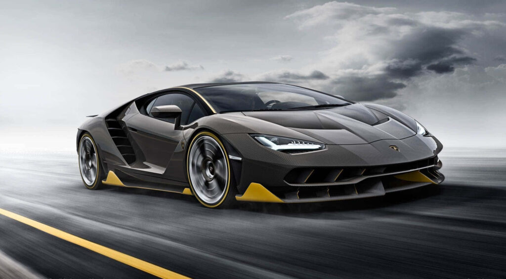 Lamborghini Huracan speeding on open road with sleek design and dynamic motion background Wallpaper