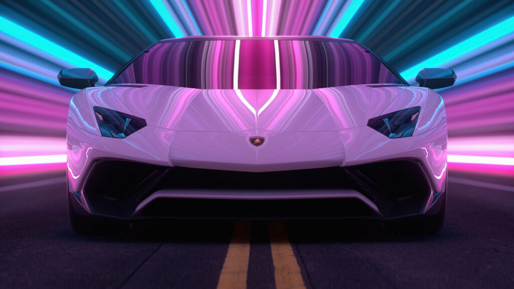 Sleek Lamborghini luxury sports car with neon lights vibrant background in stunning 4K detail Wallpaper