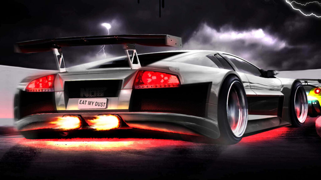 Lamborghini speeding under stormy sky with flames from exhaust showcasing sleek high performance Wallpaper