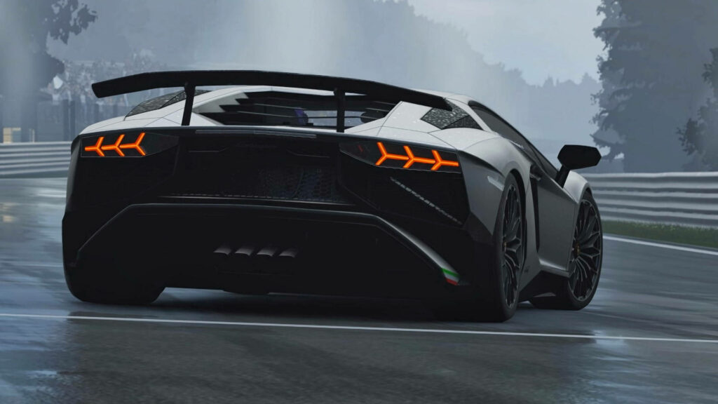 Lamborghini speeding on wet racetrack stunning design high performance 4K automotive luxury Wallpaper