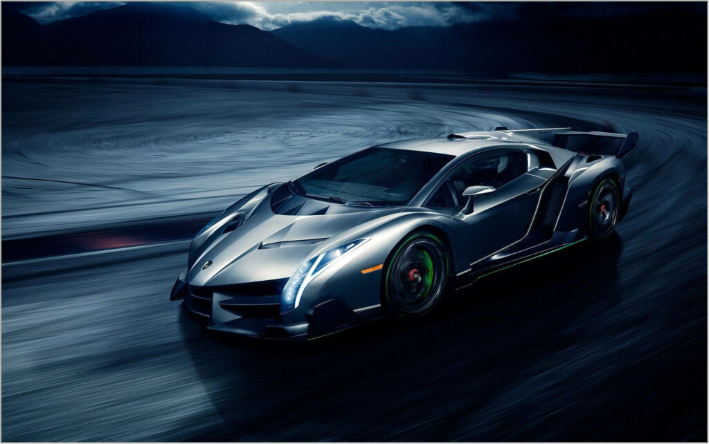 Lamborghini Veneno supercar racing on dark winding road with dramatic lighting wallpaper