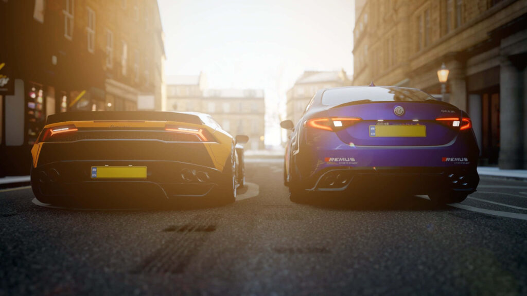 Rear view of Lamborghini and Alfa Romeo parked on city street bathed in warm sunlight wallpaper