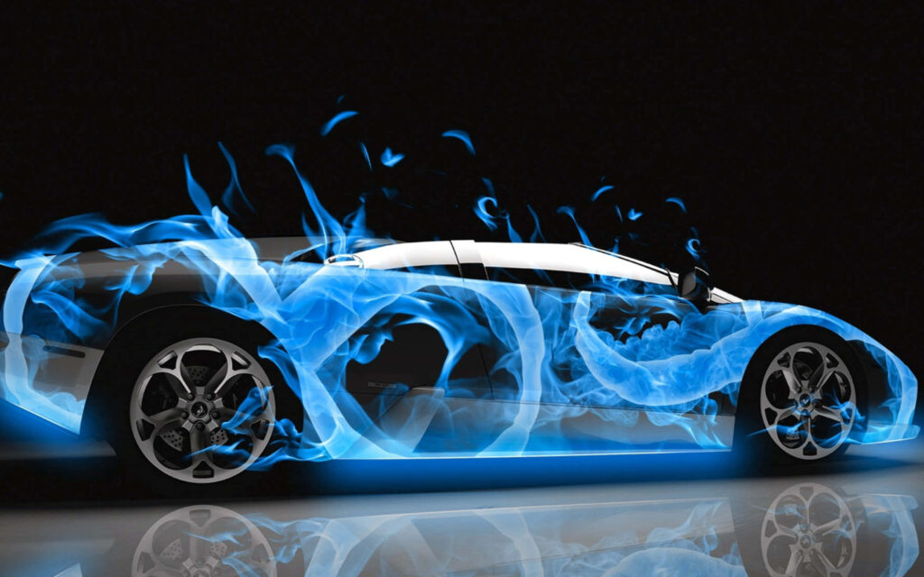 Lamborghini sports car surrounded by vibrant blue flames dynamic futuristic wallpaper background