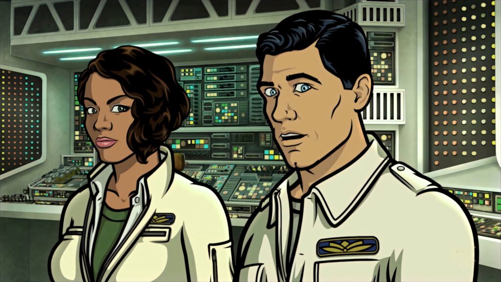 Lana Kane and Sterling Archer in high tech control room teamwork Archer series wallpaper background