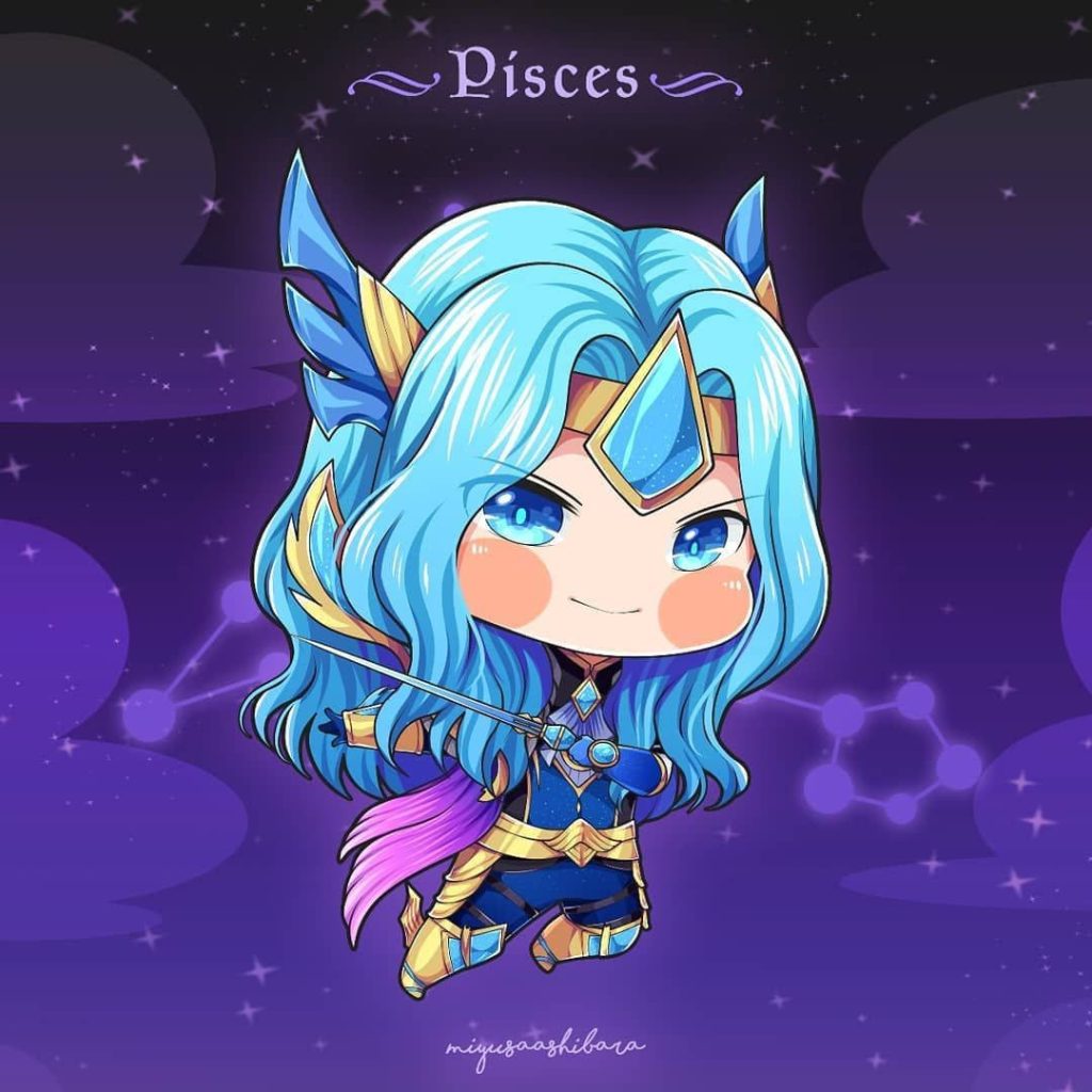 Chibi Lancelot Mobile Legends Pisces Zodiac skin wallpaper blue hair golden armor cosmic background