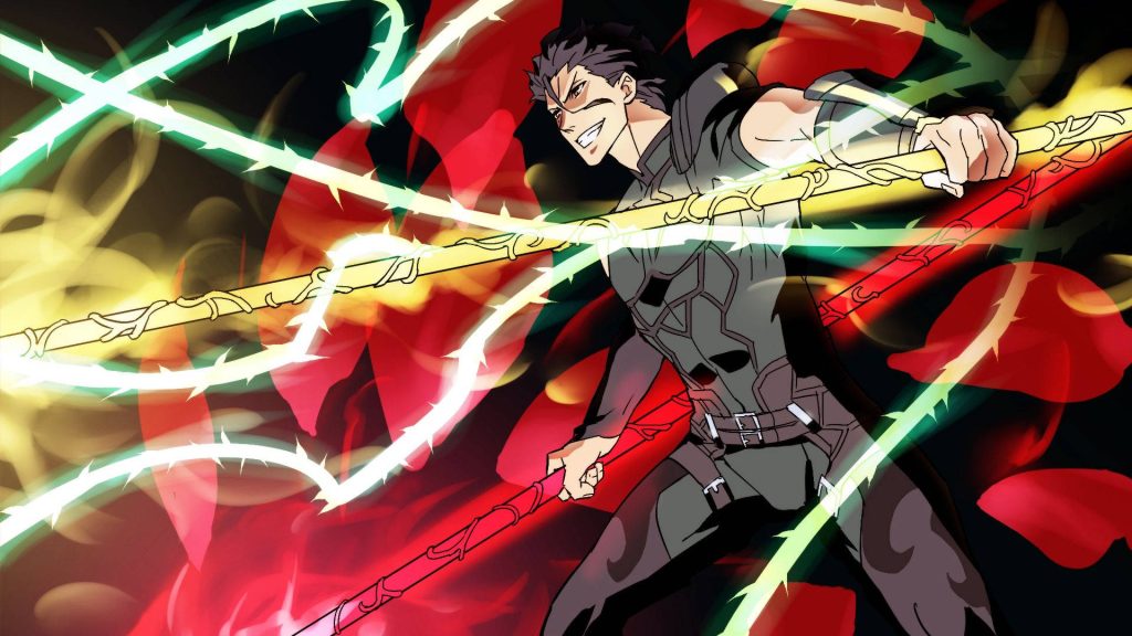 Fate Zero Lancer Diarmuid Ua Duibhne anime wallpaper glowing green thorns floating red petals