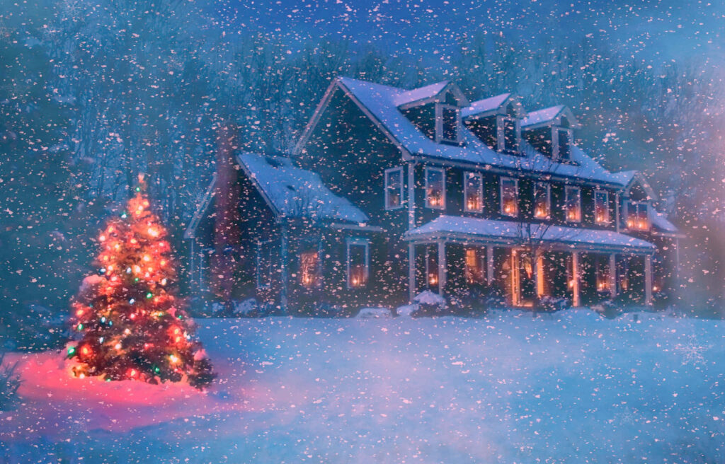 Winter Wonderland: Cozy Christmas Home Adorned with Snowy Tree - HD Laptop Wallpaper