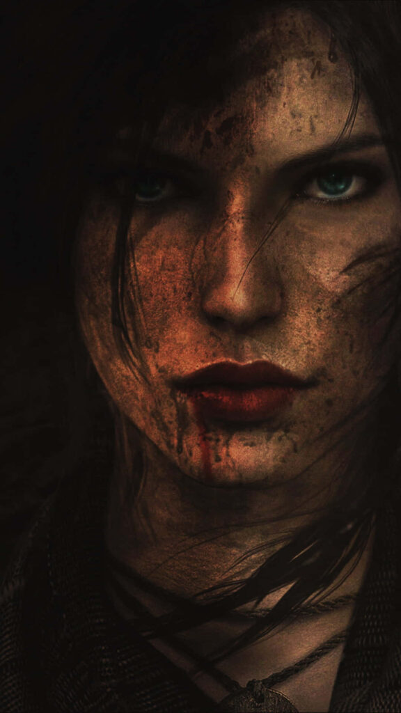 Lara Croft's intense countenance in Rise Of The Tomb Raider: A captivating android wallpaper capturing her battle scars