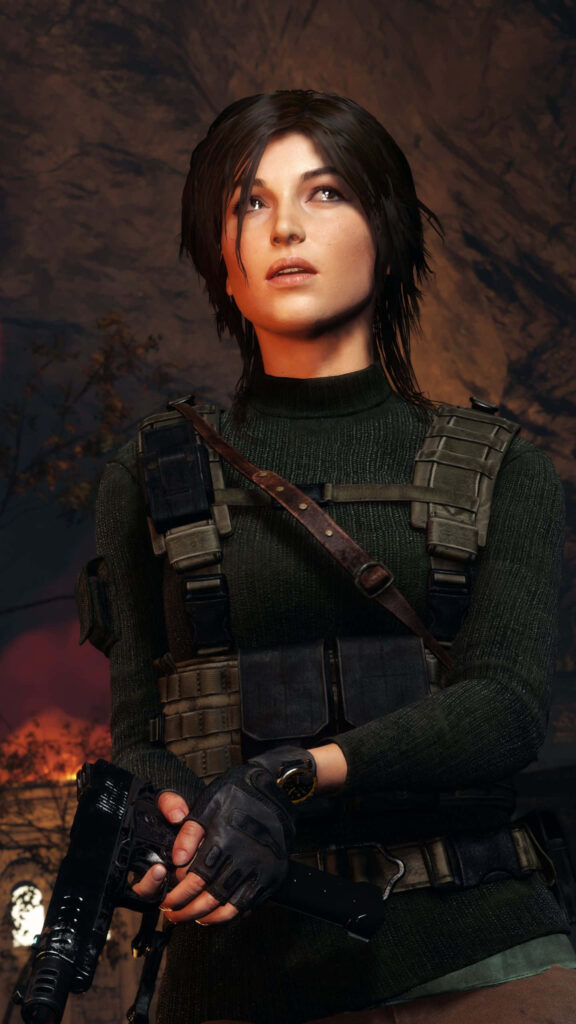 Vibrant Rendering: Iconic Lara Croft Clad in Impenetrable Armor, Armed to Conquer the Game Wallpaper
