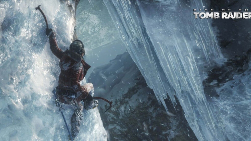 Frozen Heights: Lara Croft's Perilous Ice-climbing Adventure in Rise of the Tomb Raider Wallpaper