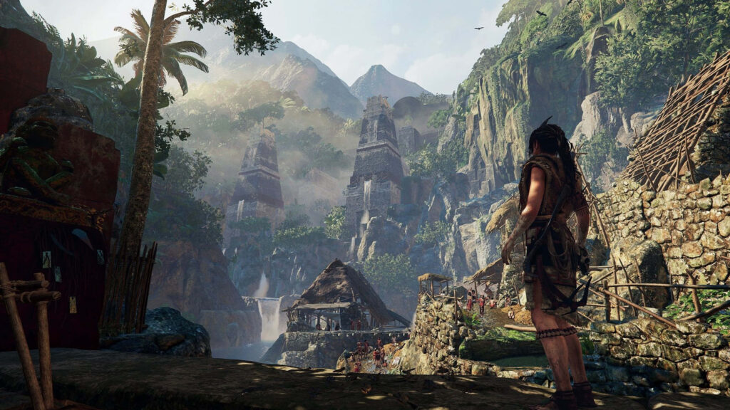 Silent Explorer: Lara Croft and Enchanting Forest Ruins in 4K Wallpaper