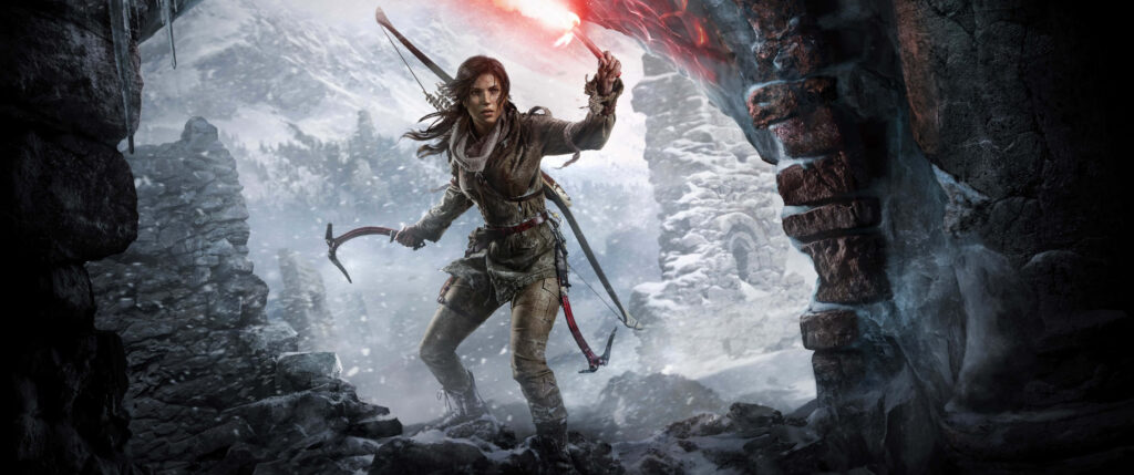 Unveiling the Hidden Depths: Lara Croft Explores the Mysterious Cave, Set against the Majestic Rise of the Tomb Raider Mountain Peak Wallpaper