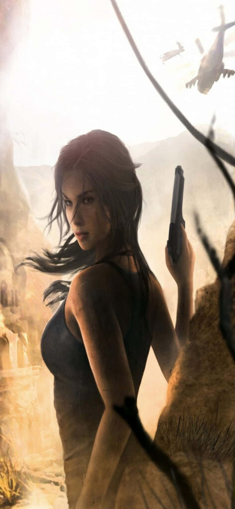 Desert Hunt: Lara Croft Embracing Adventure Wallpaper