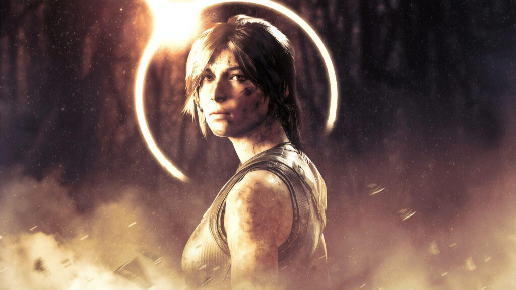The Fiery Gaze of Lara Croft: Embracing the Shadows in Shadow Of The Tomb Raider Wallpaper
