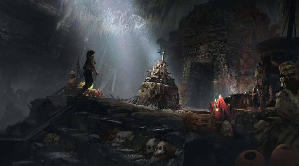 Lara Croft's Daring Exploration through the Treacherous Tomb: A Fascinating 4K Visual Wallpaper